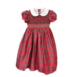 Vintage 100% Silk Plaid Holiday Dress Peter Pan Collar Girls Size 6 Red Green
